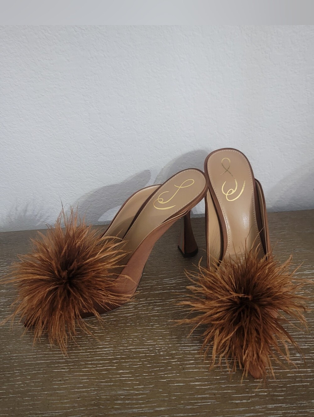 SAM EDELMAN  Brown Cinnamon Color Satin High Heel Mule Shoe Sz 8 Worn Once - Picture 2 of 5